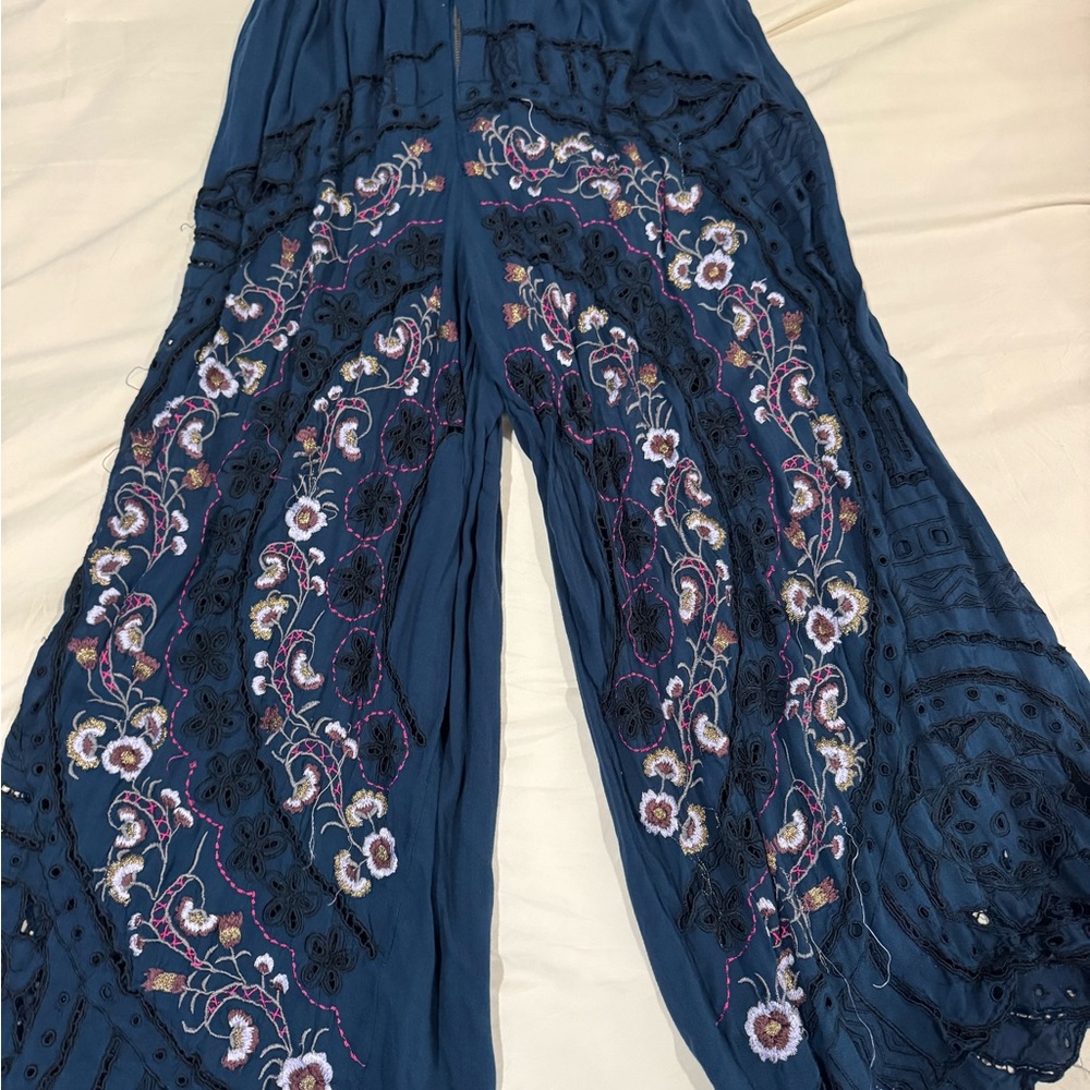 Free People Blue Embroidered Flare Pants
